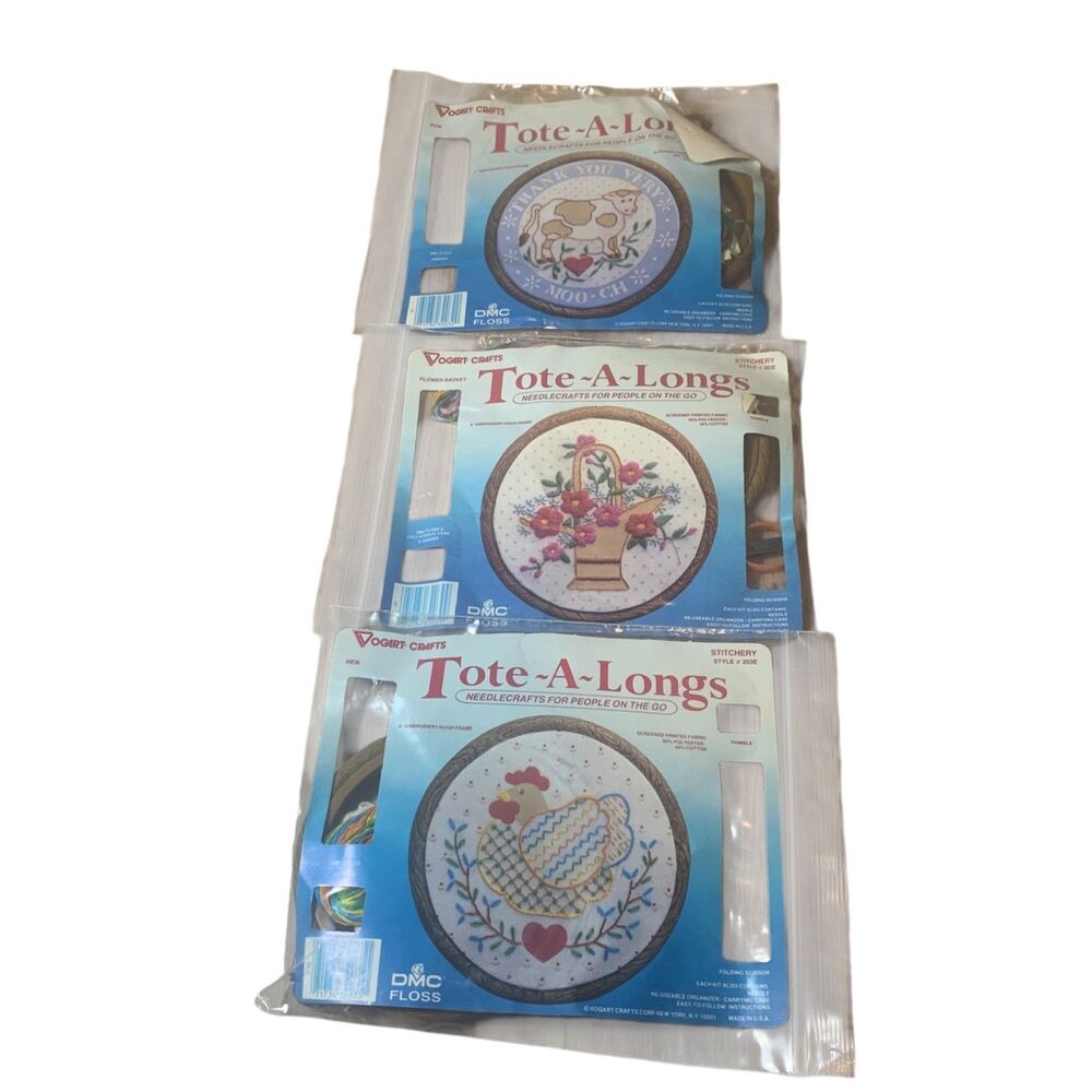 Tote-A-Longs Vogart Crafts Embroidery Hoop Kits Lot Of 3 Country Farmhouse